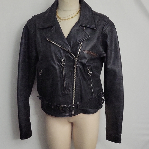 Vintage Ladies Harley-Davidson Black Leather Moto Jacket Size Large EVC